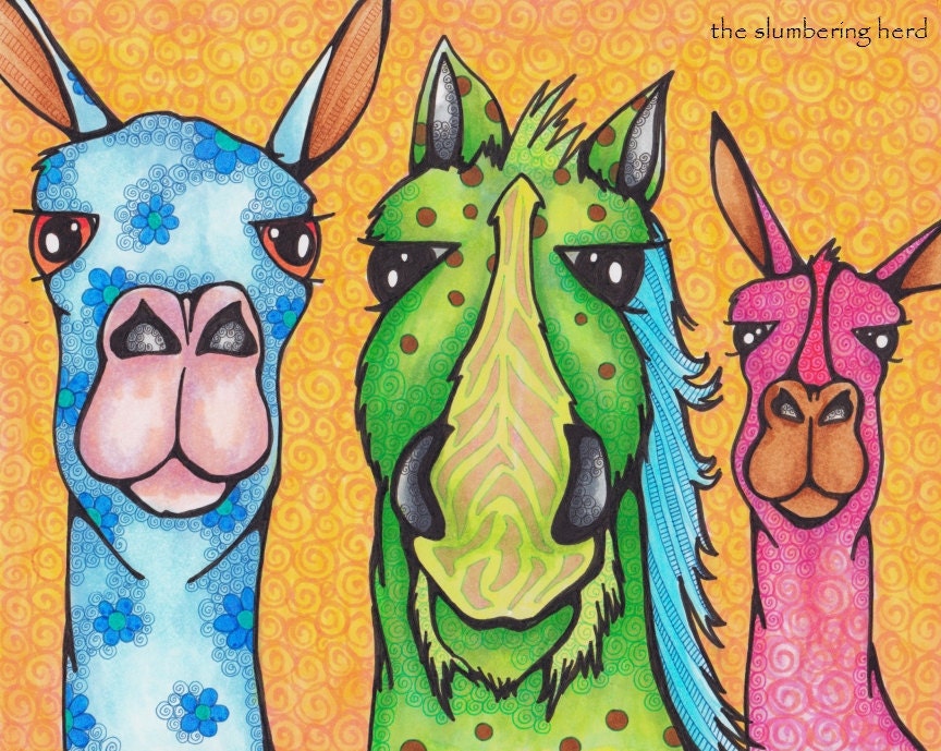 Llamas Original Art with Horse Whimsical Illustration