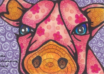 Original ACEO Pig Beast Pink Orange OOAK Ink Drawing