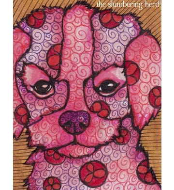 Puppy Dog ACEO Pink Purple Original Mini Art