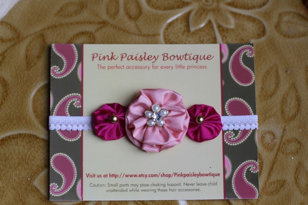 Baby Girl Headbands - Pink Silk Flower Lace Headband - Baby Photo Prop - Baby Flower Headband