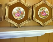 Fragonard French Tiles 1939 in original frames set of three-pinks greens with gold background all numbered with item and  pattern