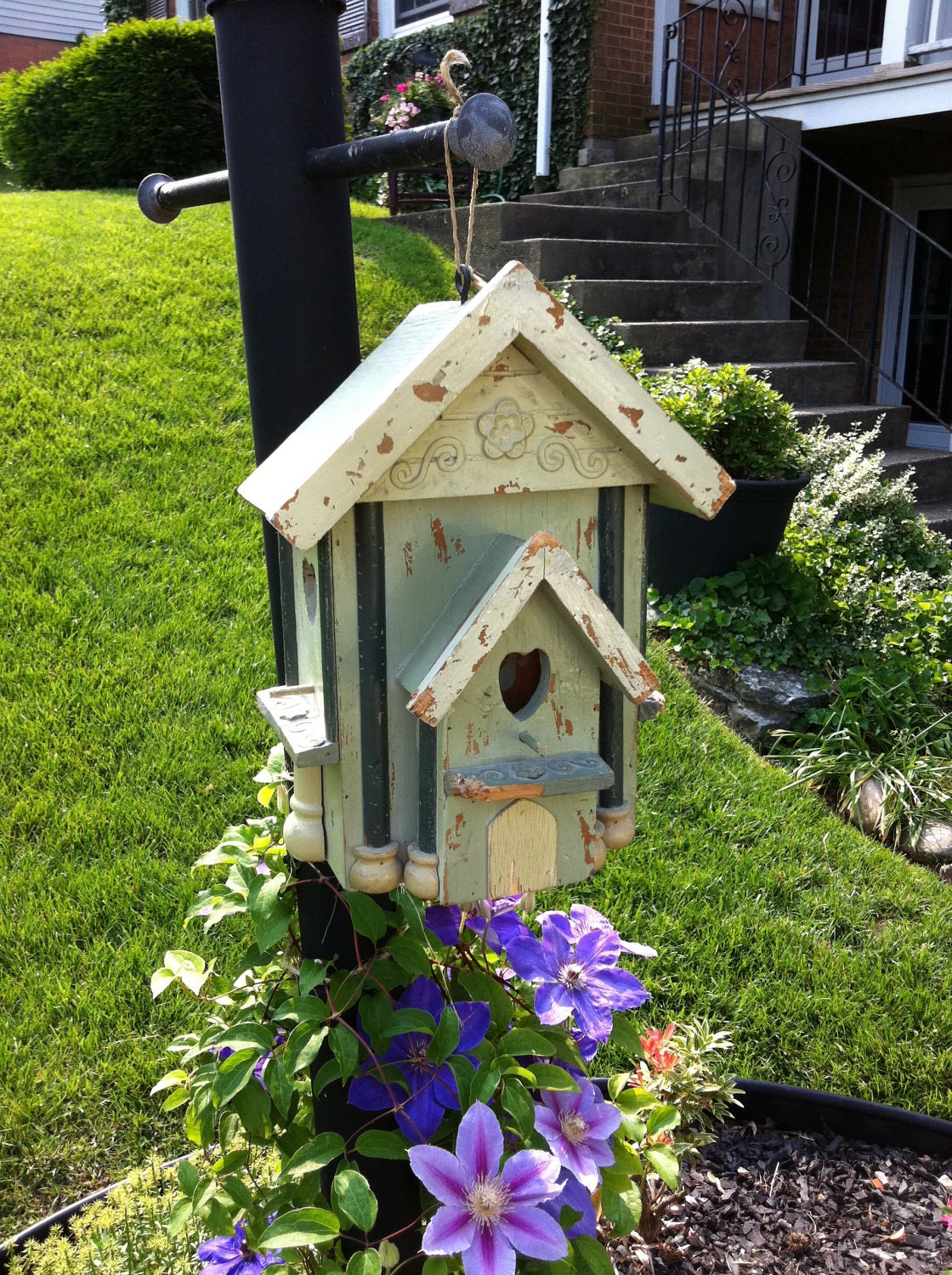 Birdhouse with Hearts and Wonderful Detail all Wood Chippy Paint and Painted with Blues Greens and Yellows