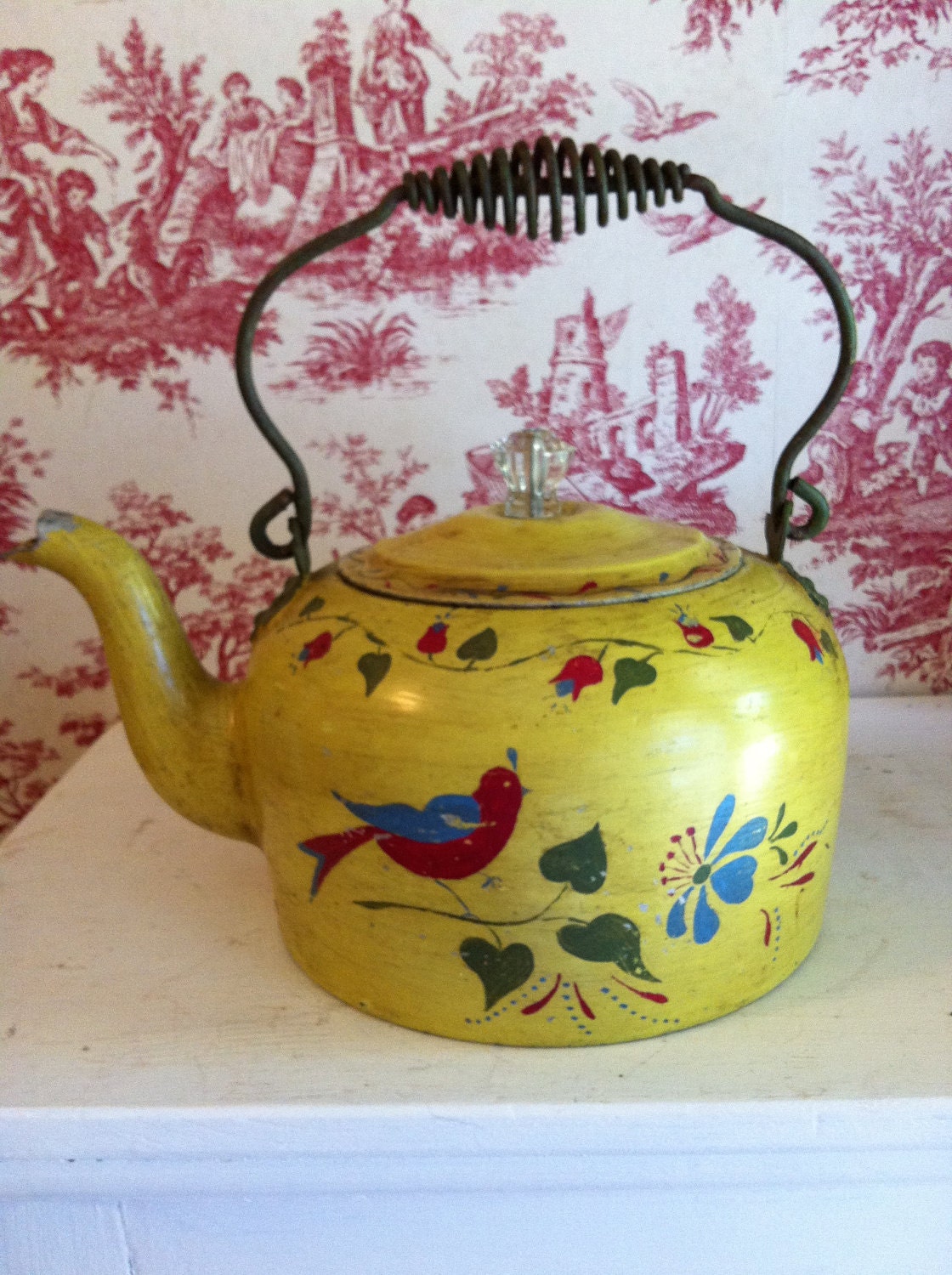 Tea Pot Hand Painted Vintage Yellows Blues Reds and Greens Bird with Flowers