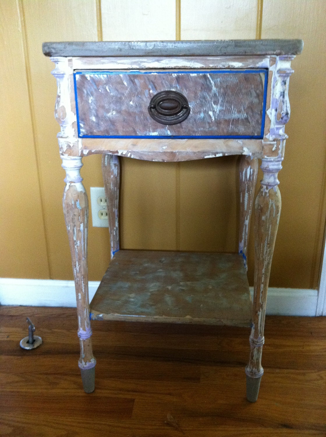 Side Table Country French Cottage Farmhouse Chic with Drawer and Bottom Shelf Top Painted Annie Sloans French Linen - Hand Waxed