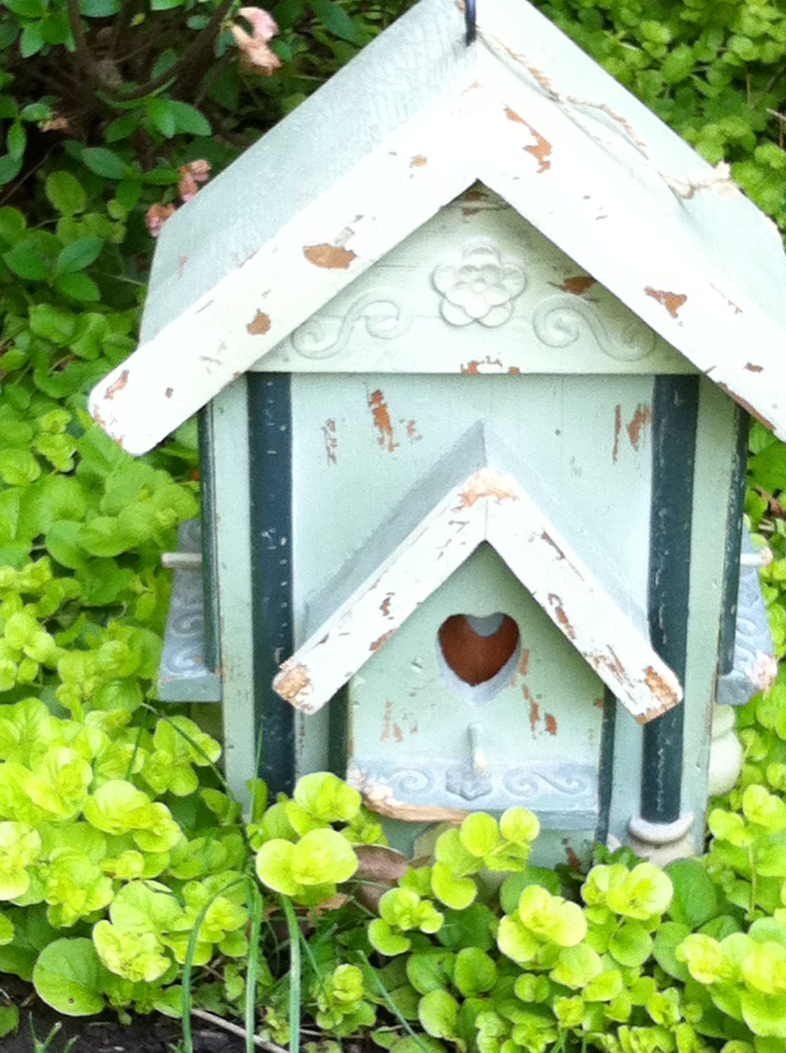 Birdhouse with Hearts and Wonderful Detail all Wood Chippy Paint and Painted with Blues Greens and Yellows