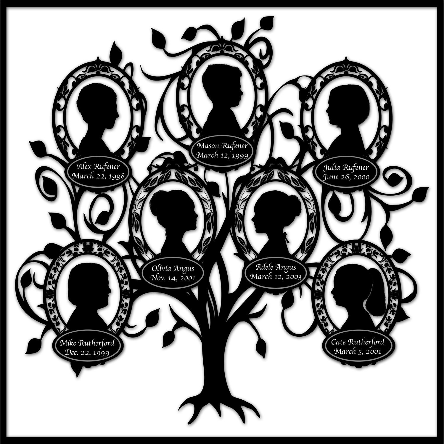 Family Tree Custom Silhouette Design - Seven Profiles