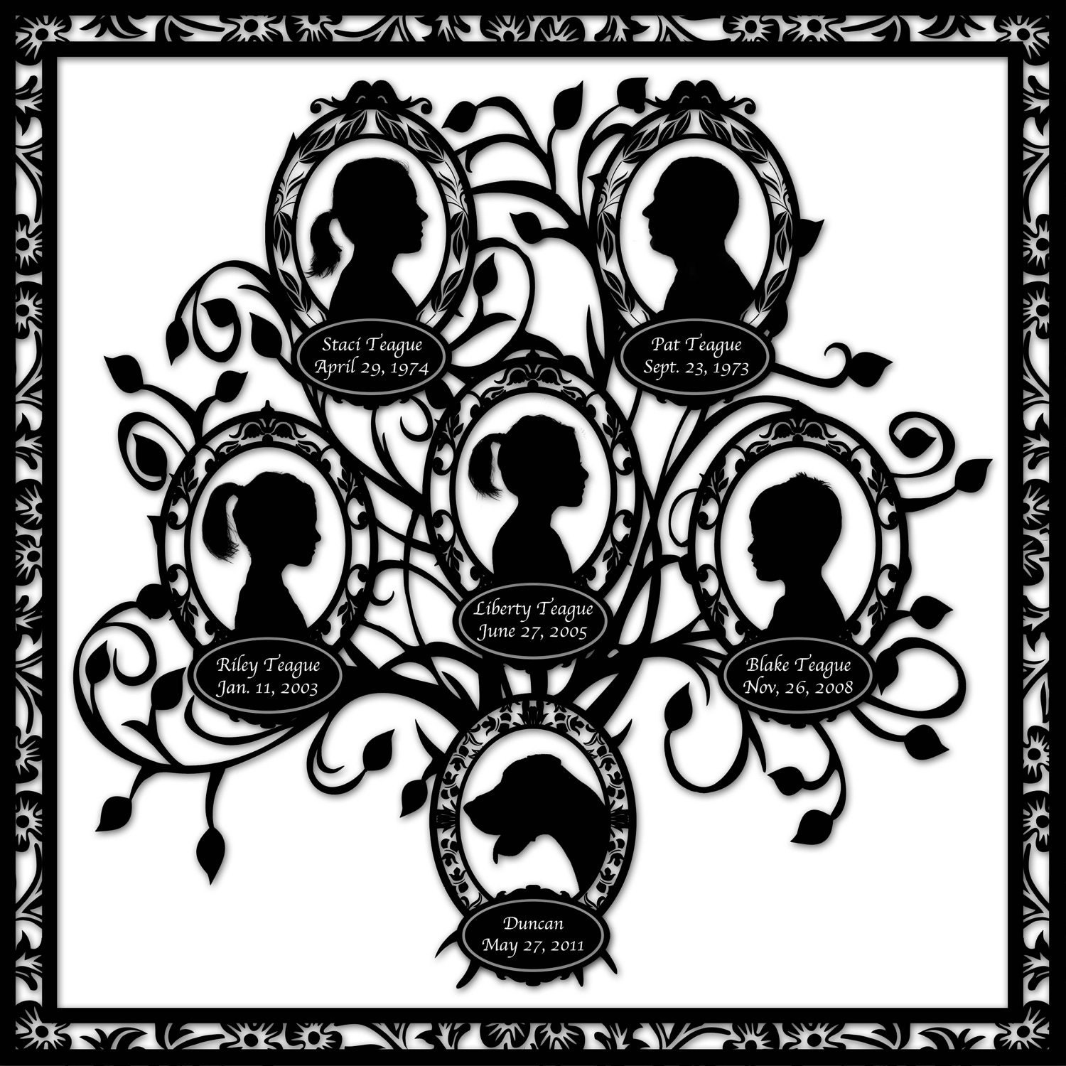 Family Tree with Dog - Custom Silhouette Design - Six Profiles