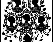 Family of Five with Pet Cat Silhouette Family Tree - 6 Profiles