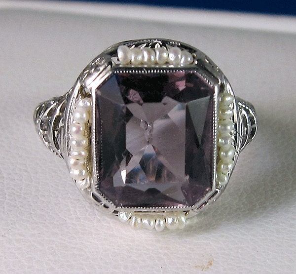 Beautiful Antique 14k Filigree Amethyst Seed Pearl Ring
