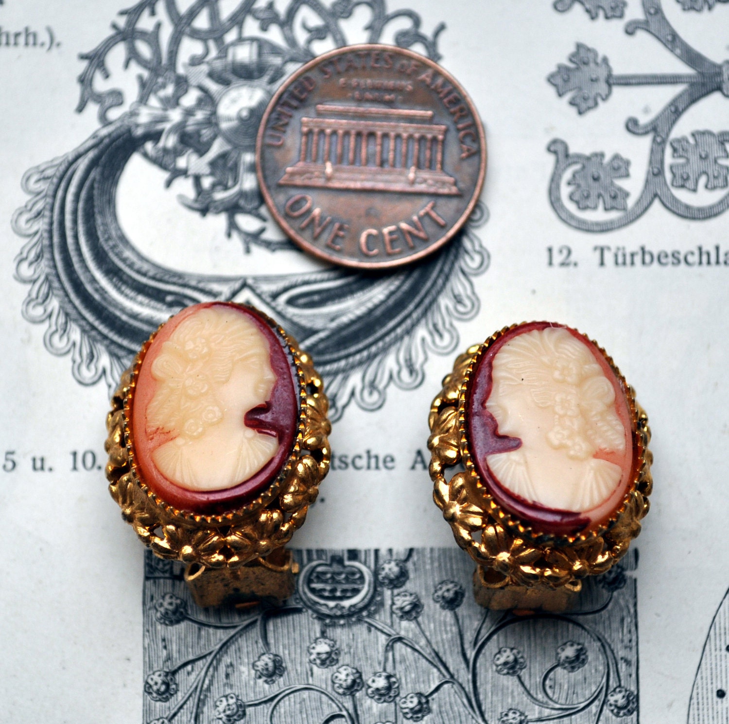 Vintage brass Cameo clip Earrings.