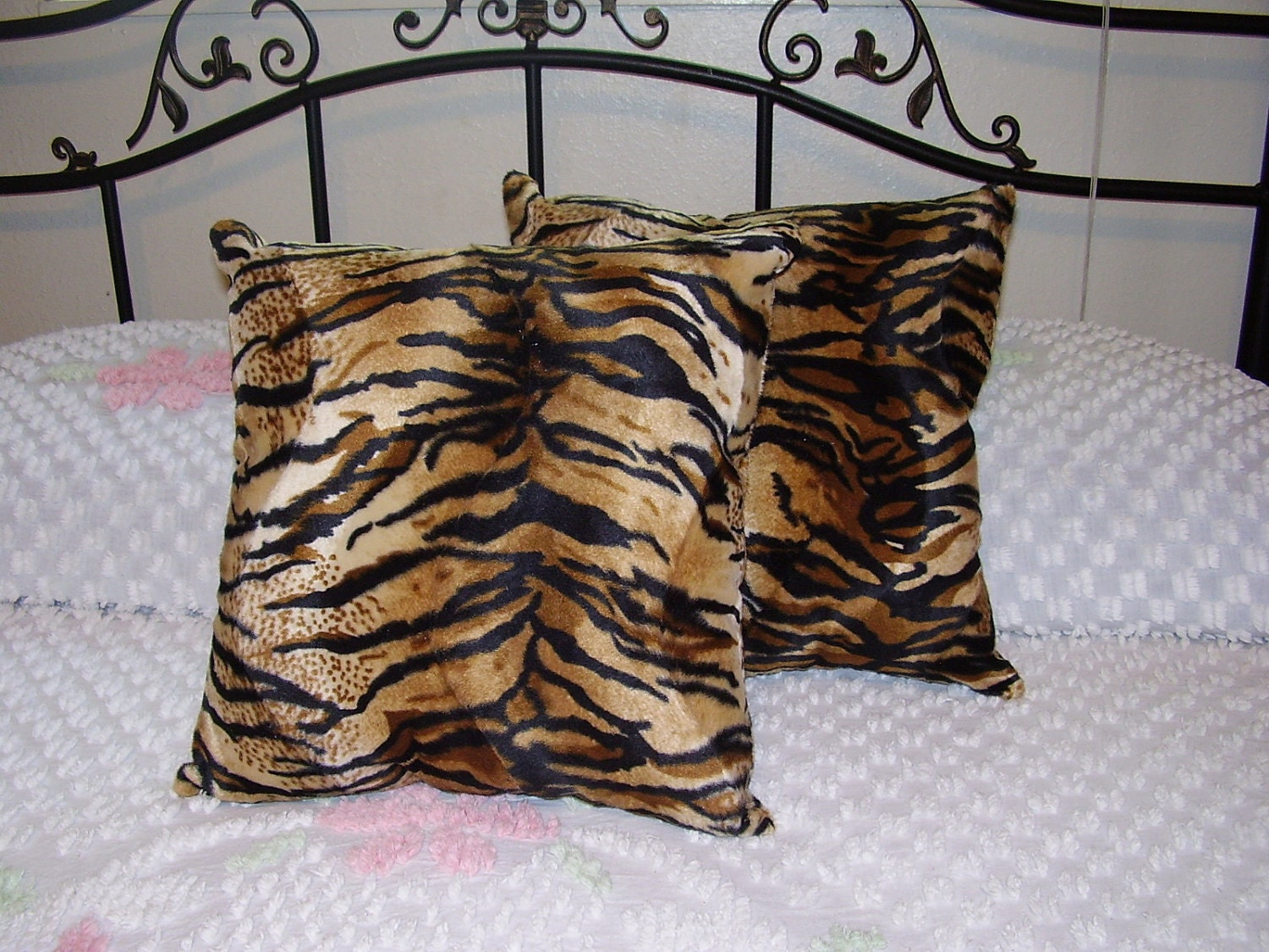 Faux Fur Handmade Bengal Tiger Print Throw Pillows Set of TWO 15 X 15
