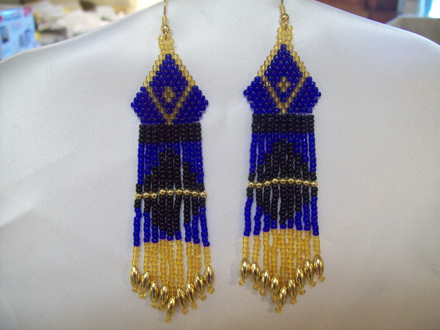 Beautiful Native American Beaded Blue and Gold Seed Bead Earrings