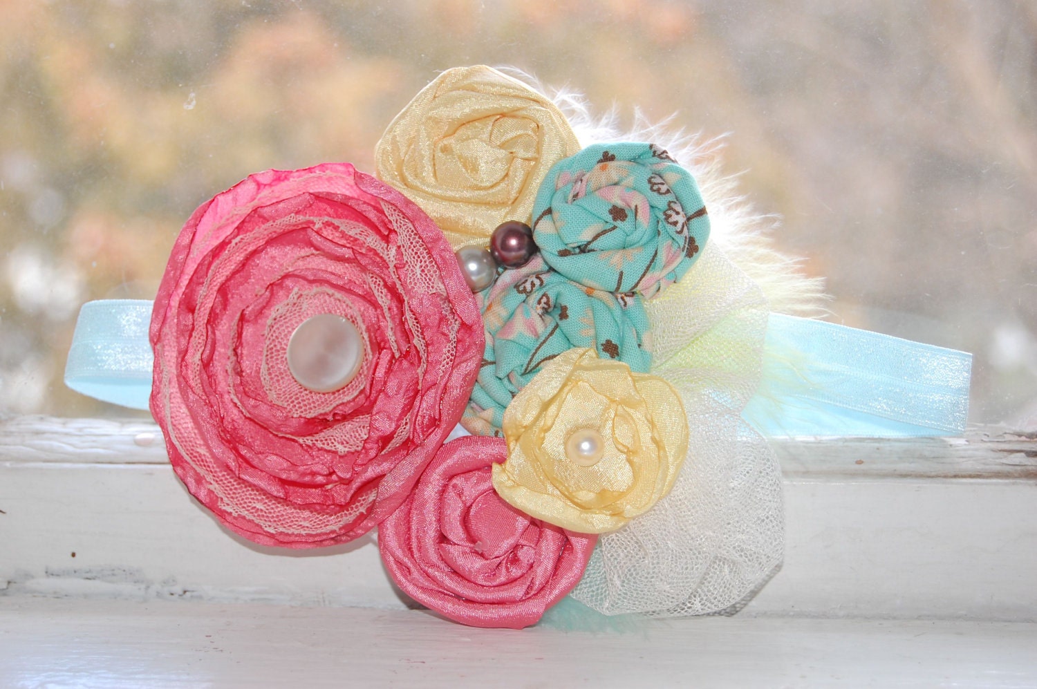 Couture Rosette Headband in Coral, Pale Yellow, and Teal - Photo Prop - Birthday - Summer