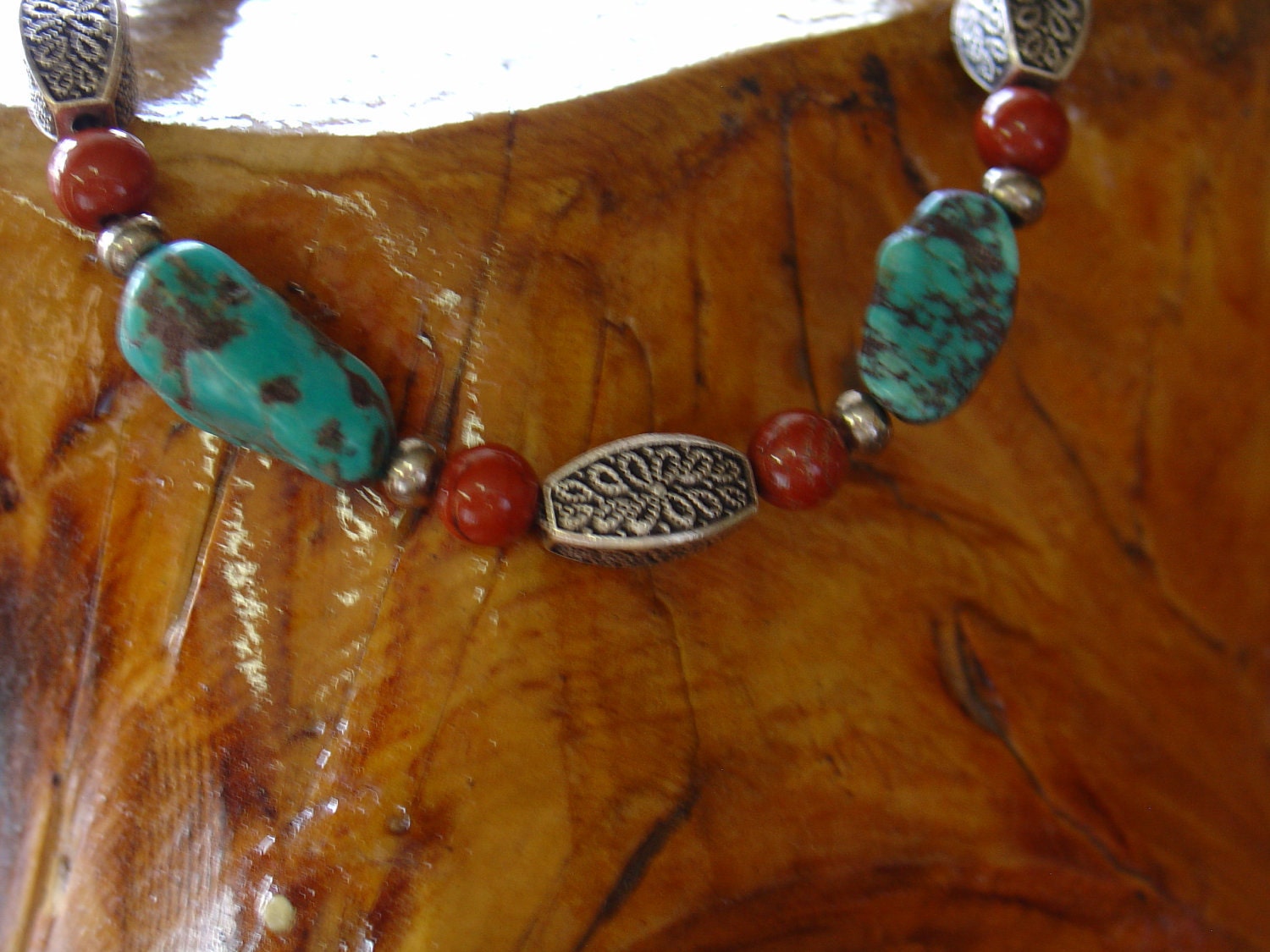 Turquoise, Brown Jasper, and Silver Beaded Bracelet--8.5in
