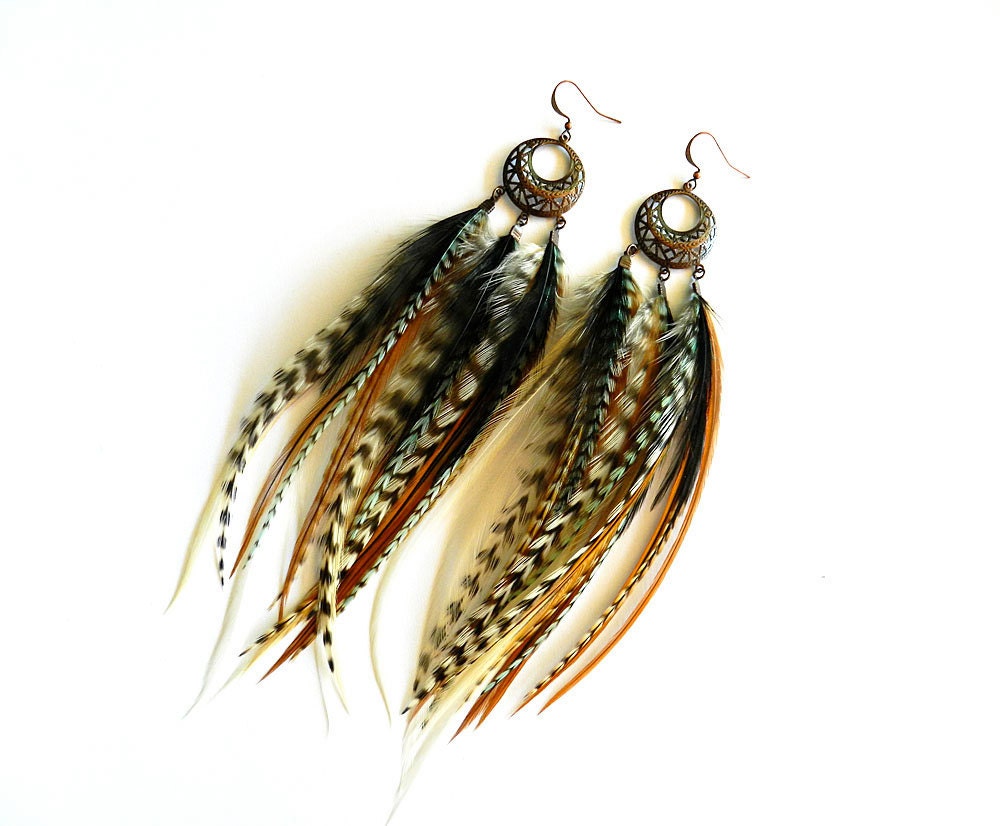 Long Feather Earrings "Tribal Ground" Natural, Brown, White, Black, Turquoise, Striped, Dream Catcher, Hippie, Gypsy, Spring Fashion
