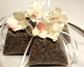 Wedding Favors, lavender seeds in Sheer Ivory Organza with Silk Petal Flower and ribbon/pearl