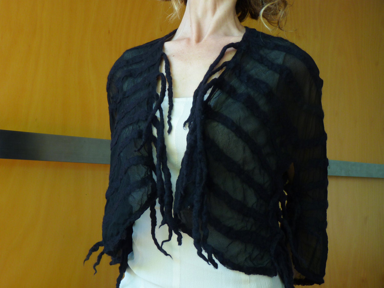 Black shrug / vest, bridal / wedding / evening wear, maternity wear, burlesque couture, steam punk, natural designer clothing
