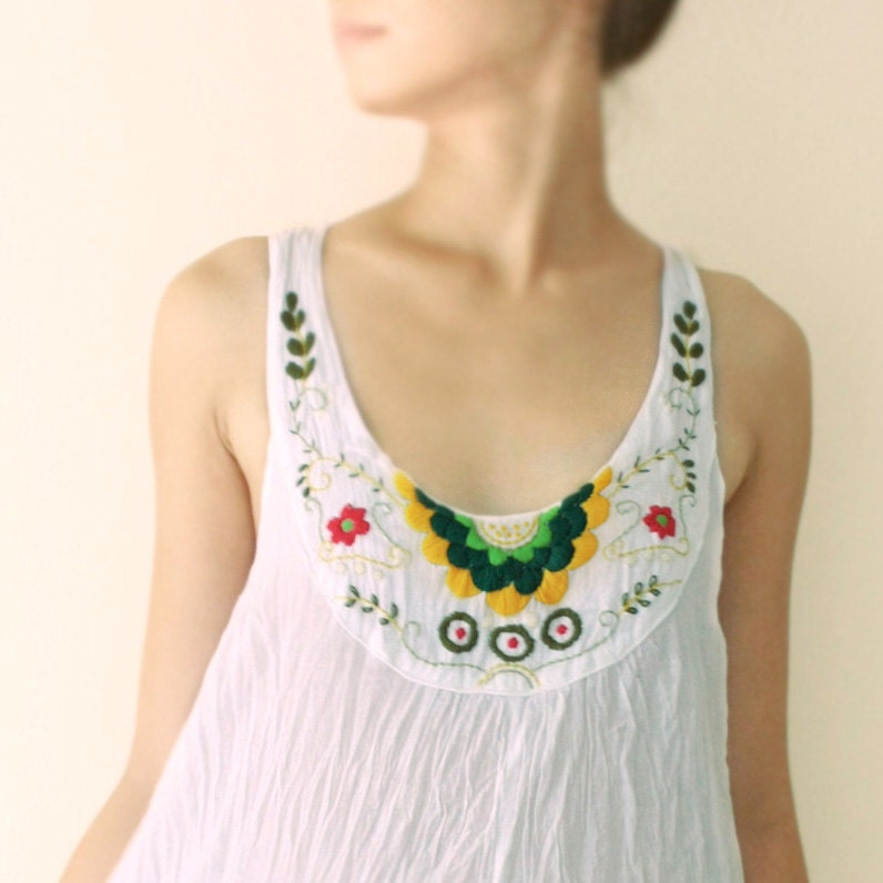 SALE.. Floral Embroidered Cotton Beach Dress in White