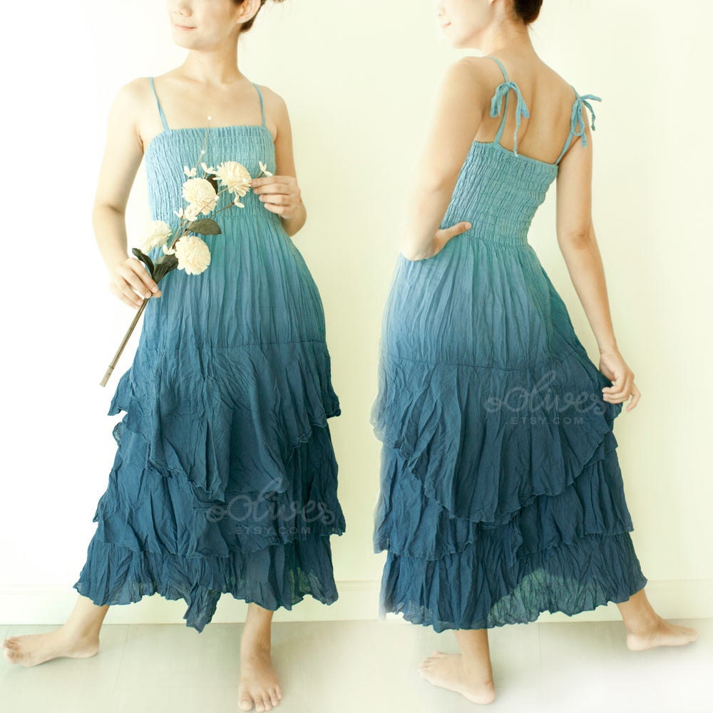 Ruffle Layered Cotton Dress in Turquoise, Tied Shoulder Strap, Tie Dyed