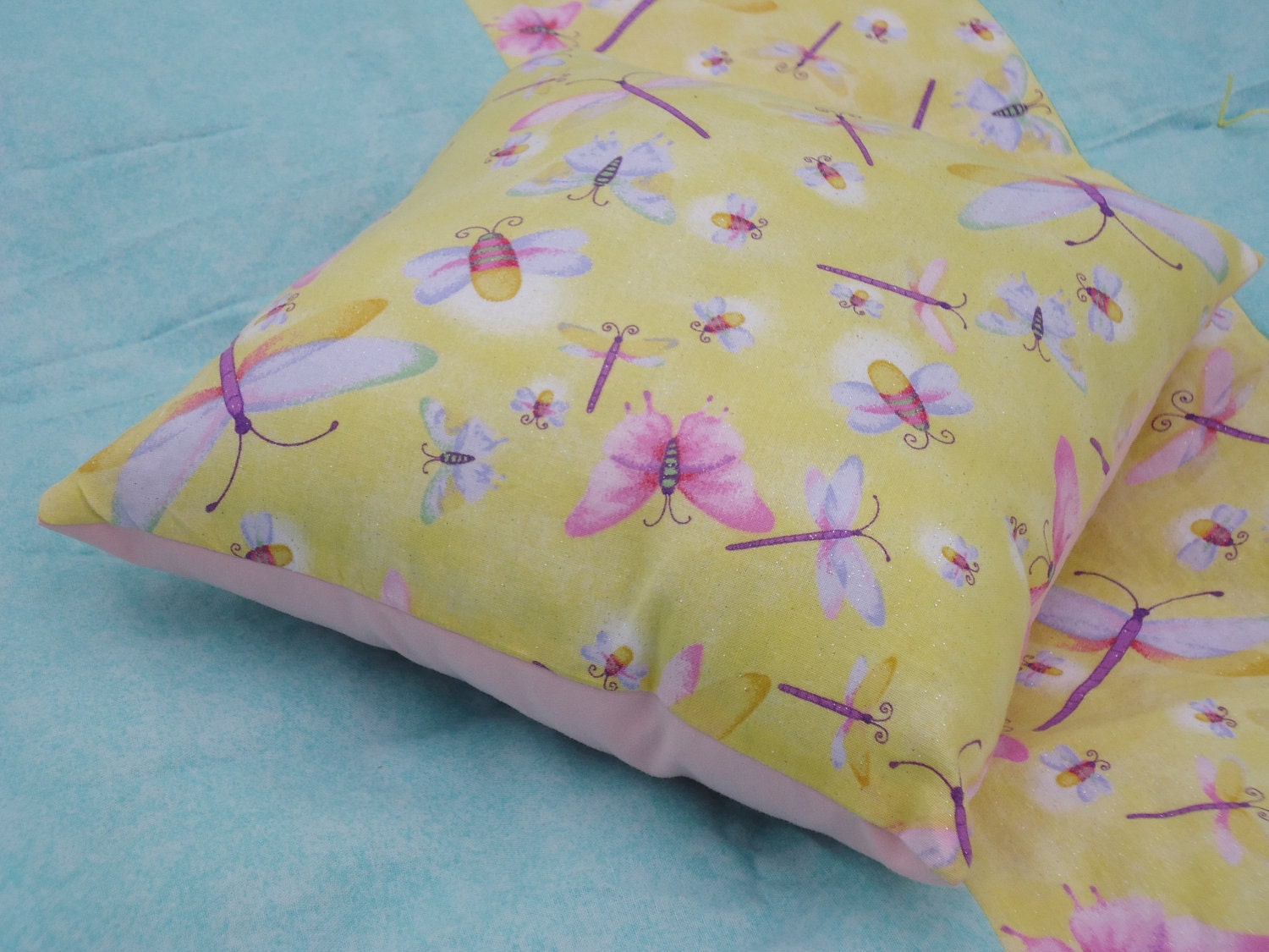 Girls Fairy Pillow and Blanket, Yellow and Blue travel blanket, Pink Fairy Blanket, Lightweight picnic or daycare blanket, ready to ship