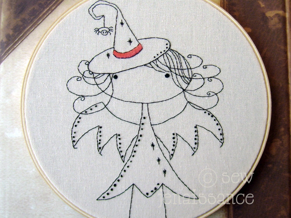 Embroidery Pattern PDF Bat Witch Autumn and Fall Halloween Girl