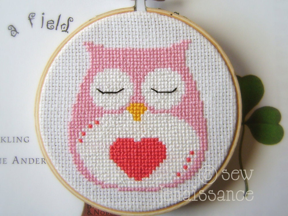 Pink Owl Heart  Cross Stitch  PDF Pattern