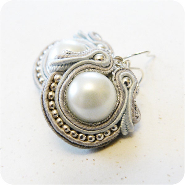 white pearl - soutache earrings in gray, silver, light blue and white - JustynaKrupkowska