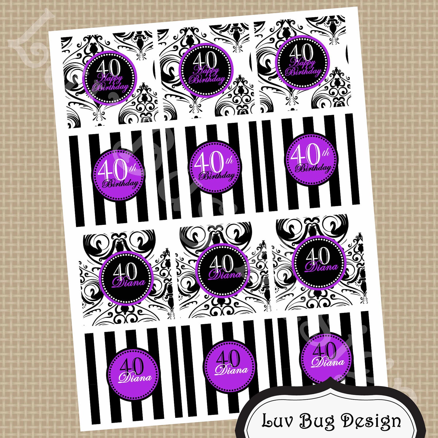 PRINTABLE Diva 40th Birthday Cupcake topper/Favor Tags-DIY printable file by Luv Bug Design