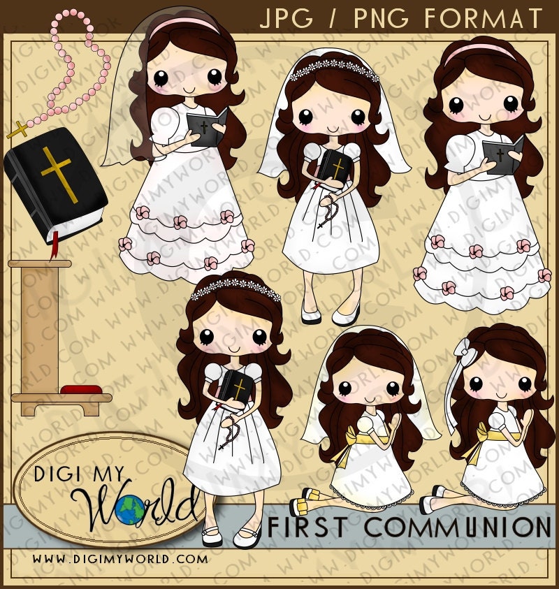 First Communion girl, 4 poses 2 versions religious for scrapbooking and card making