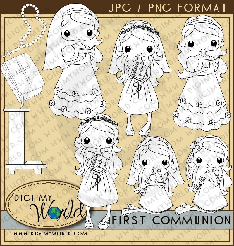First Communion girl, 4 poses 2 versions religious for scrapbooking and card making digital stamp line art