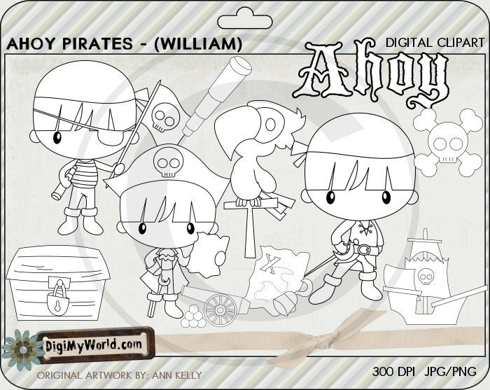 Pirate, Pirates, treasure, parrot, cannon, ship, swords, treasure map digital stamps for card making and scrapbooking