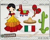 Mexico Spanish sombrero, girl, cactus, maraccas and pinata colored clip art graphics