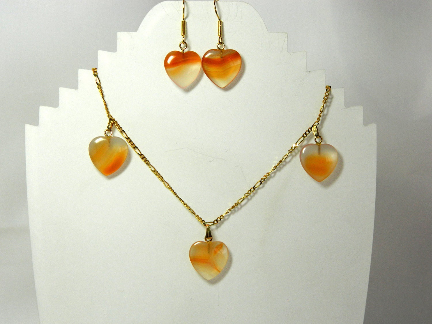 Beautiful "red" striped agate and 14k gold vermeil necklace and earrings set