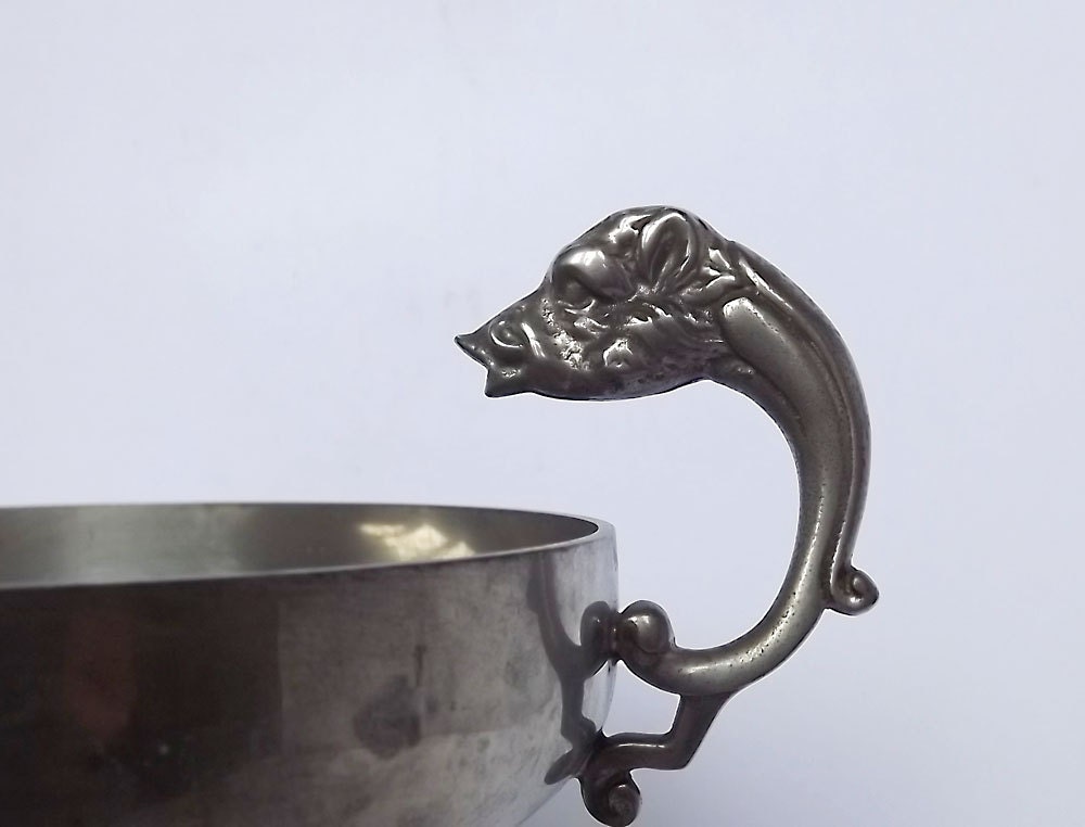 French pewter footed bowl with boars head handles