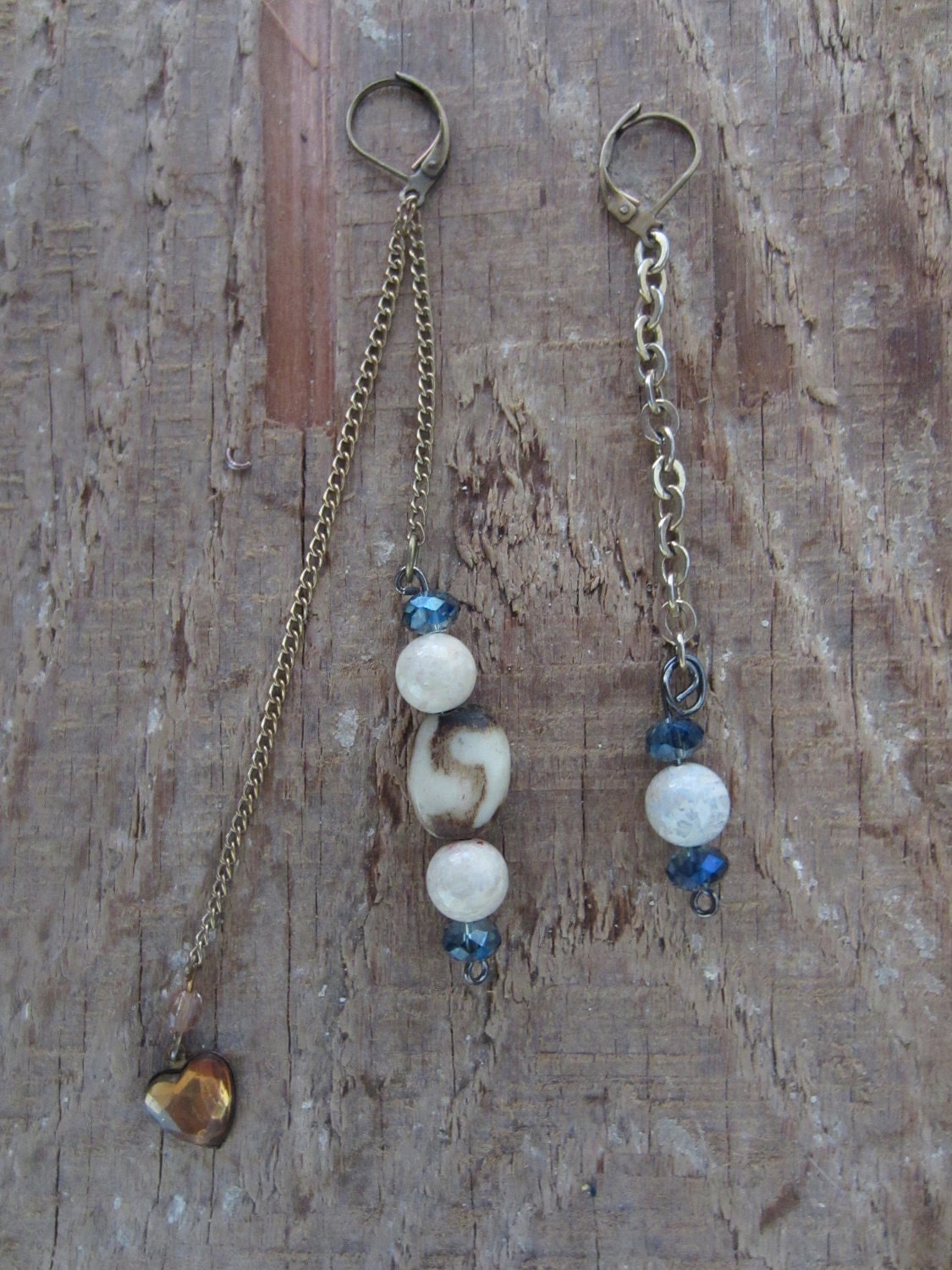 Amber Heart Charm and Blue Crystal Earrings
