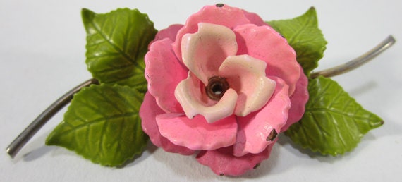 Vintage Metal Glazed Pink And Green Rose Pin or Brooch