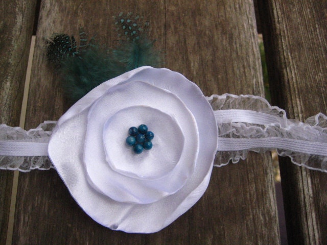 White Poppy Headband with Teal Feather Accent (Hair Accessory for Baby)