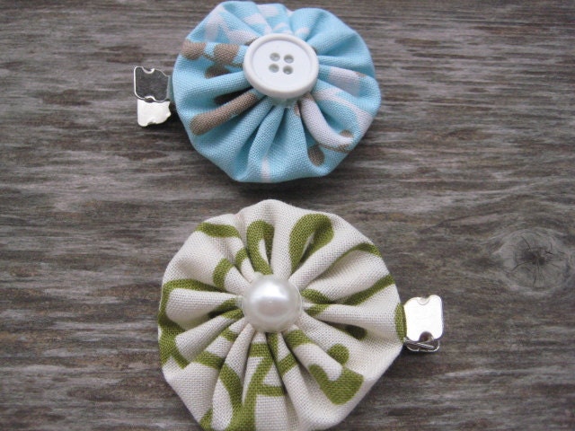 YoYo Hair Clips (Set of 2) Light Blue/White/Tan & Cream/Green