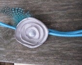 Gray Poppy Headband with Blue Feather Accent (Hair Accessory for Girls)