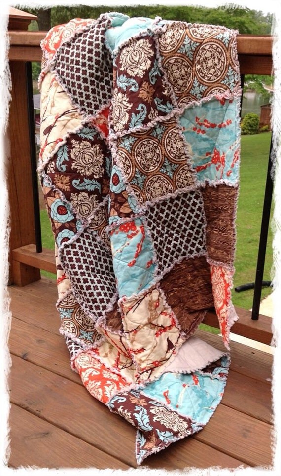 Rag Quilt Queen Size Aviary 2 Brown Aqua Saffron by DelilahKaye