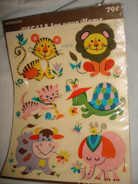 Vintage Meyercord 1970's CUTE ANIMALS Decorator DECALS in Package - 6 Available