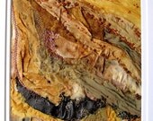 LICHEN - original textile art - framed mixed media stitched and folded textiles collage - ochre gold brown mustard
