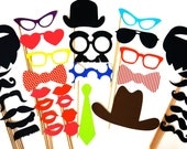 Colorful Photo Booth Props - 35 props on a stick - Cowboy Hat, Mustaches on a stick, Birthdays, Weddings, Parties - Great Photobooth Props