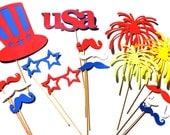 Patriotic Photo Booth Props - 16 piece prop set - Birthdays, Weddings, Parties - Red, White, and Blue Photobooth Props
