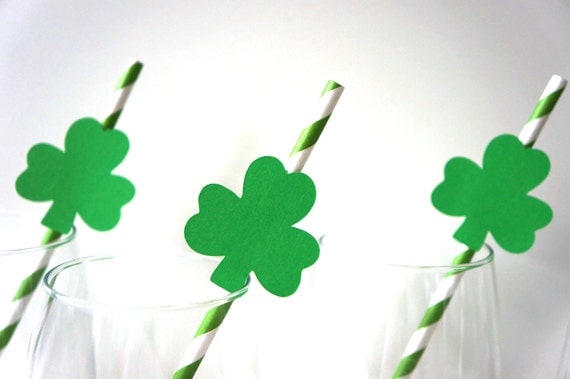 SALE - Photo Booth Props - St. Patrick's Day Straw Photo Props - Set of 5 - Shamrocks on KELLY GREEN Striped Paper Straws