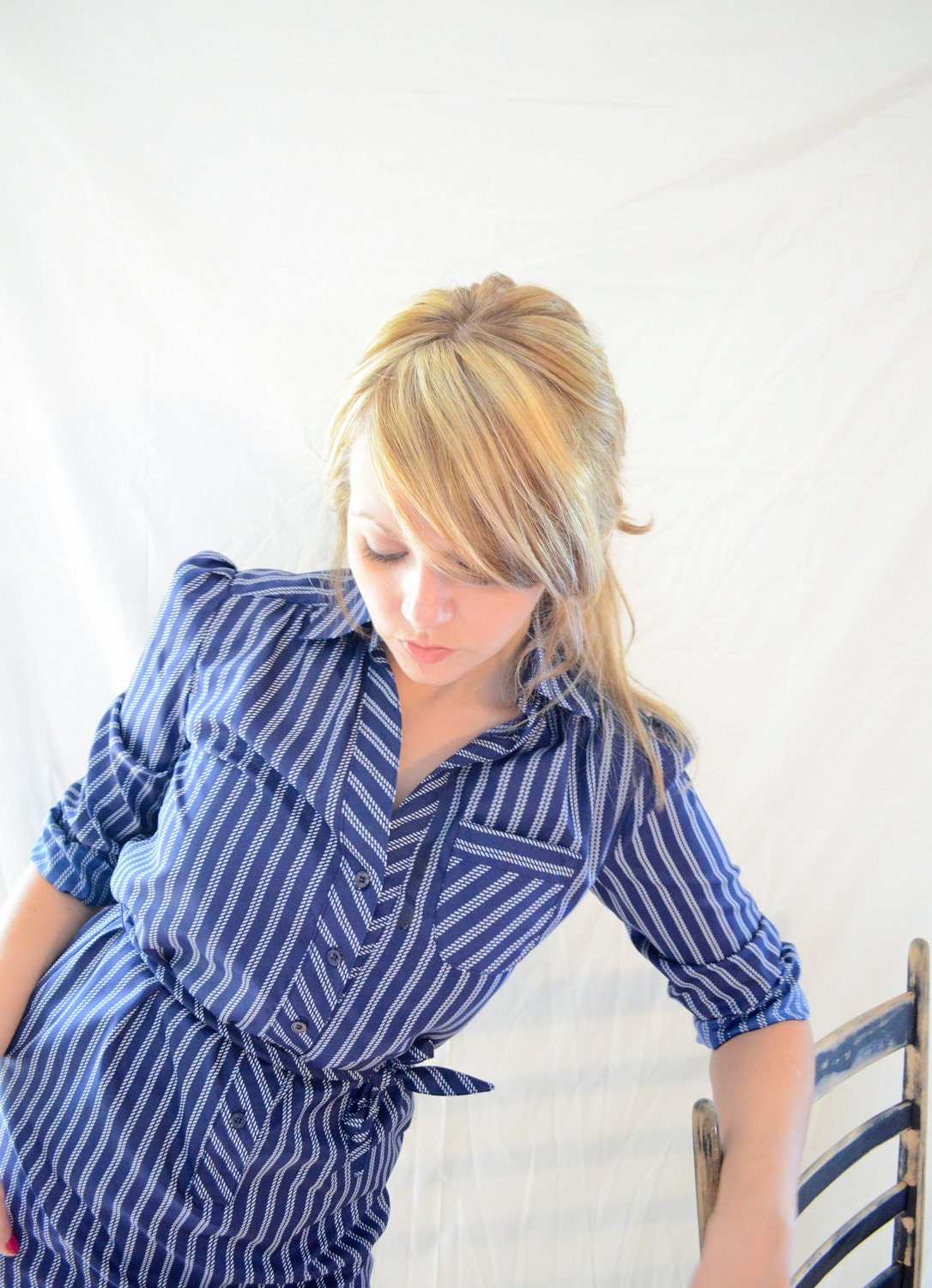 Sexy Shirt Dress Navy Blue White Size XS - Small