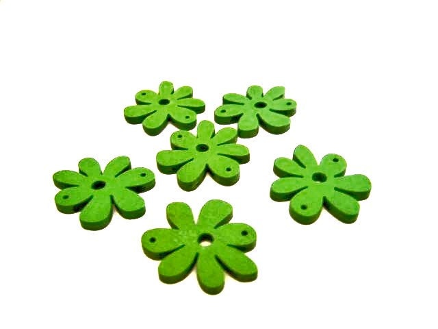 6 Large, Wooden Flower Charm / Beads - Green