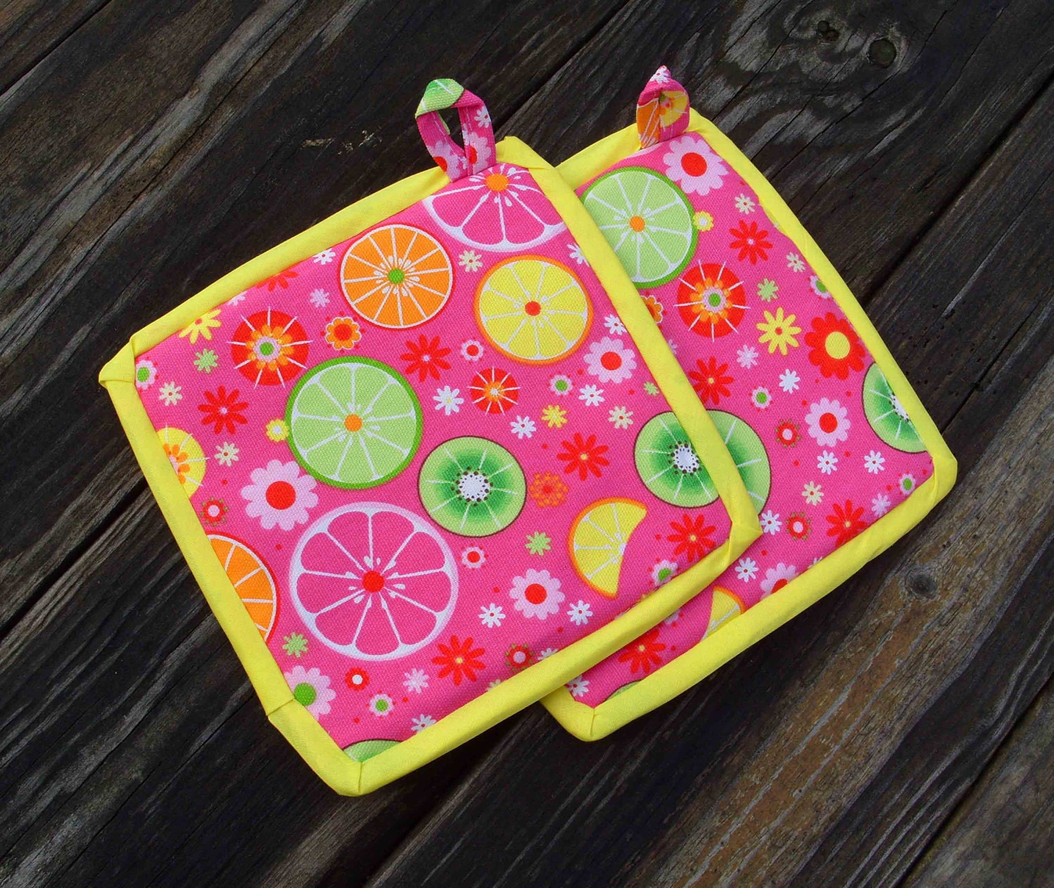 Pink Citrus Fiercely Protective Pot Holders (2) Vintage Style