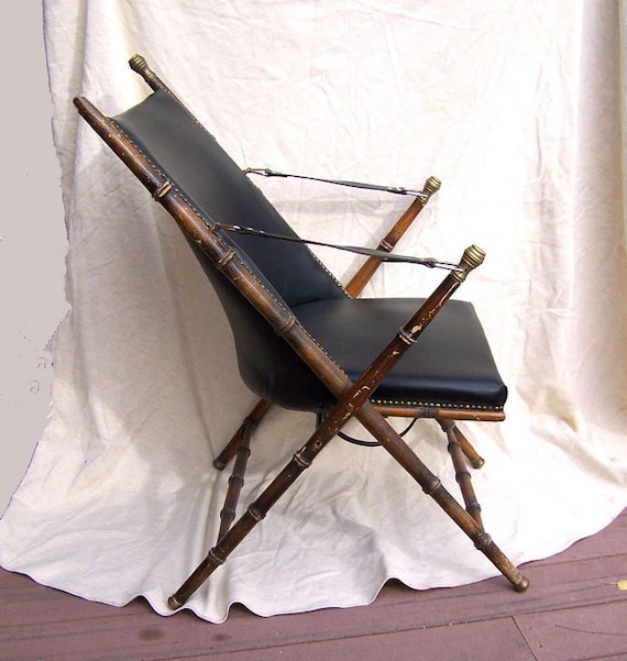 1860s English CAMPAIGN CHAIR no. 2 Chinoiserie  oak leather brass faux bamboo Hollywood Regency lines Italian