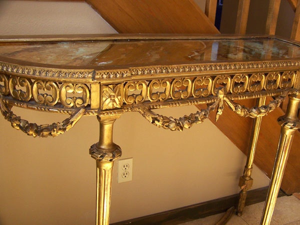 RESERVED for Scott Warren ............... Antique gilt table Italian hand carved tall console gold leaf works with Hollywood Regency